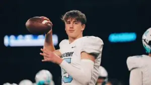 "Class of 2025 quarterback from Elite Academy prepares to pass in game-time action"