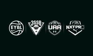 "Logos of prominent youth basketball leagues EYBL, 3SSB, UAA, and NXTPro displayed for recruiting updates."