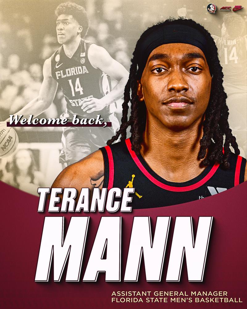 "Terance Mann appointed as Assistant General Manager for Florida State Men's Basketball, featured in team colors."