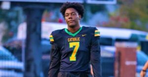 "Trenton Henderson in his Catholic High School jersey after announcing his Florida commitment for 2025."