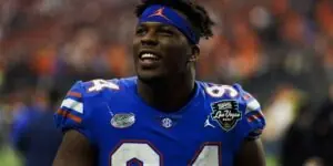 "Under-the-Radar Florida Gators 2025 recruit smiling during the post-game celebration at the Las Vegas Bowl."
