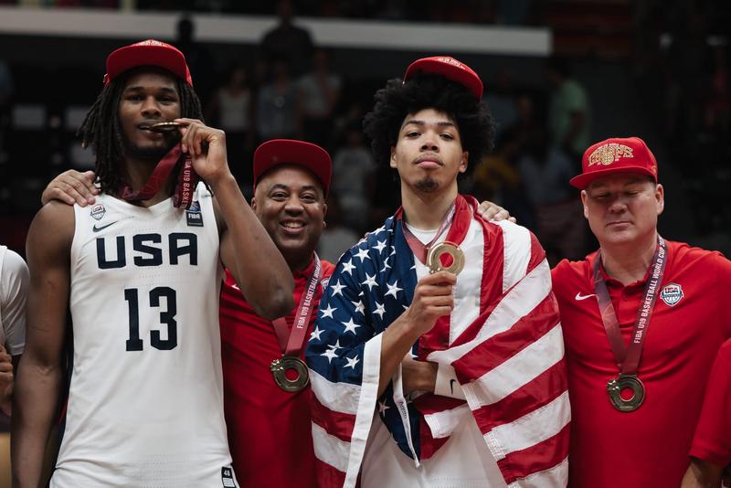 Nike Hoop Summit Basketball Class of 2025 guard dribbles during Team USA camp scrimmage